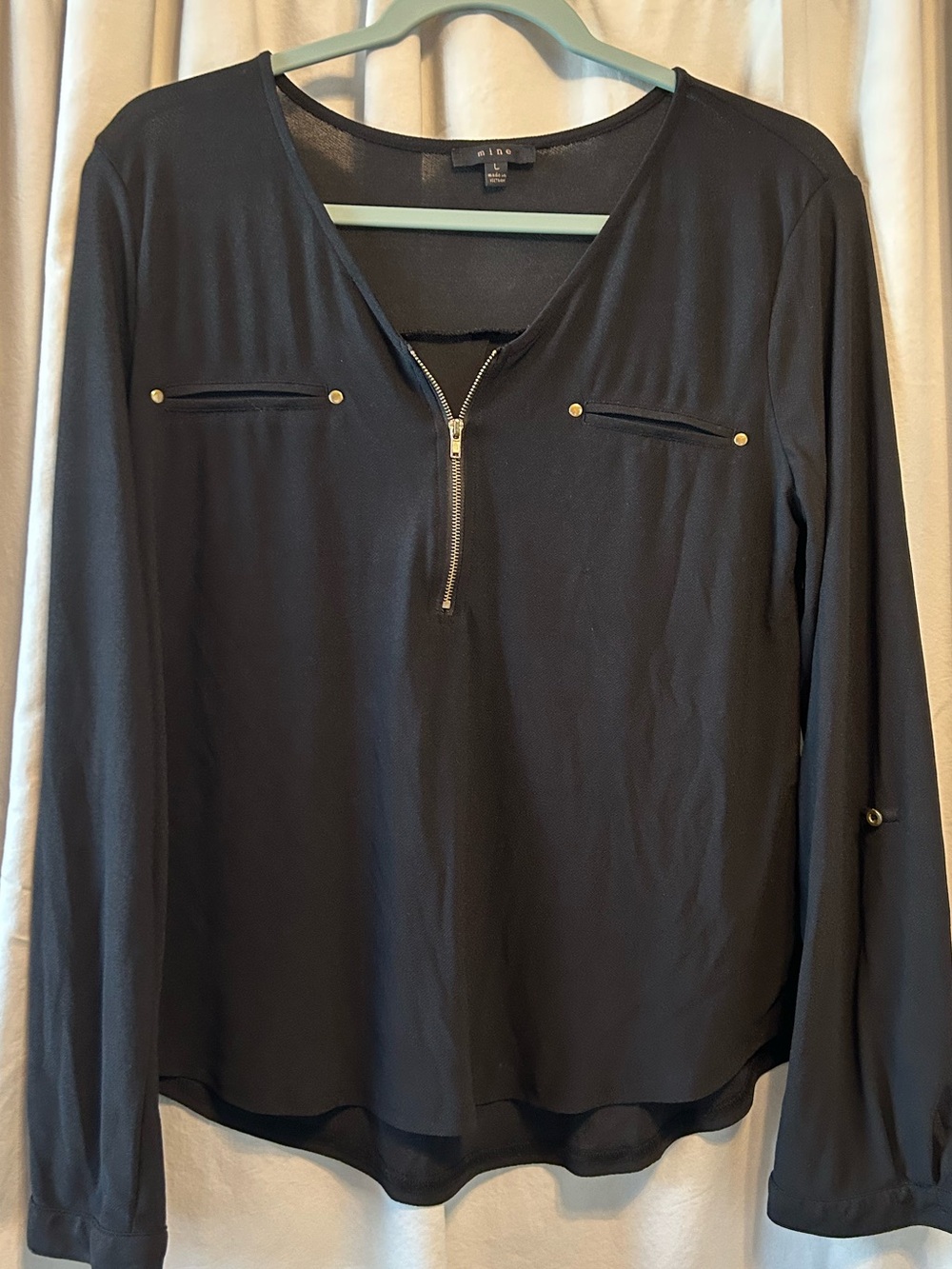 mine Black Long-Sleeve Zip-Front Blouse with Gold Studs